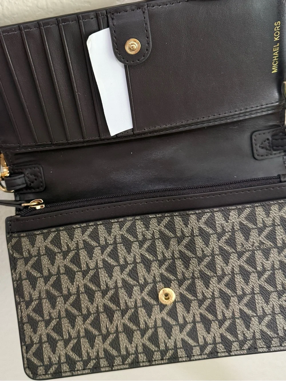 MICHAEL KORS JET SET SMALL CROSSBODY PHONE BAG BROWN/ GOLD LOGO